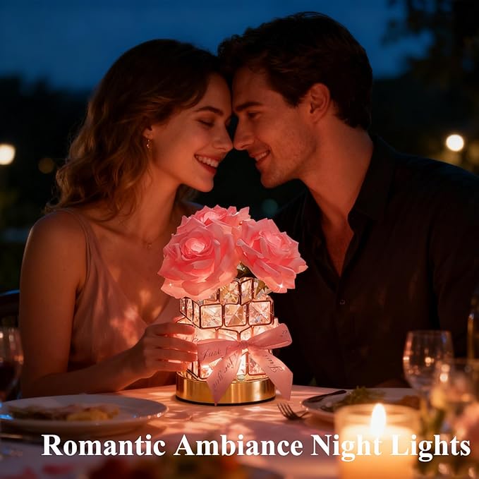 ONXE Valentines Day Birthday Gifts for GF Girlfriend Mom Wife, Flower Cordless Crystal Table Lamp,3-Colour Dimming Rechargeable Forever Rose Bedside Lamp Night Light Anniversary Decor for Women Men