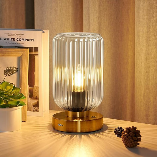 Touch Table Lamp for Nightstand - Small Bedside Lamps for Night Stands Bedroom Living Room, Dimmable Rechargeable Desk Lamp Battery Operated with Clear Glass Shade, Bulb Included