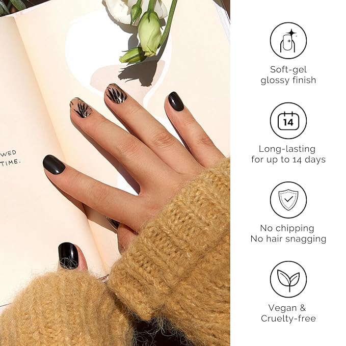 Semi Cured Gel Nail Strips - NAILOG 20 Pcs Gel Nail Stickers | Buy 2 Get 1 UV Light | Extra Long Nail Wraps with Glossy Gel Finishing Black, Golden Leaves