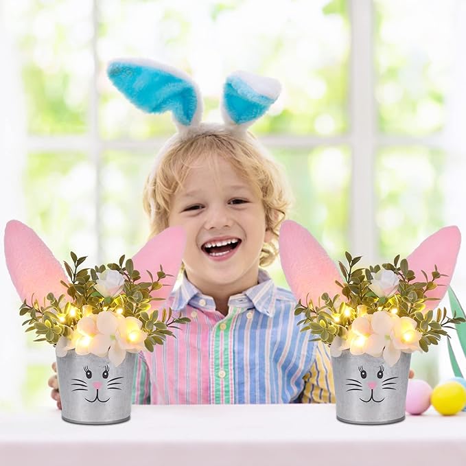 Prsildan 2 Pcs Easter Table Decorations Artificial Flower with Bunny Ear, Lighted Desk Decor Bunny Flowers, Easter Tabletop Decorations for Home Table Mantle Office Spring Party