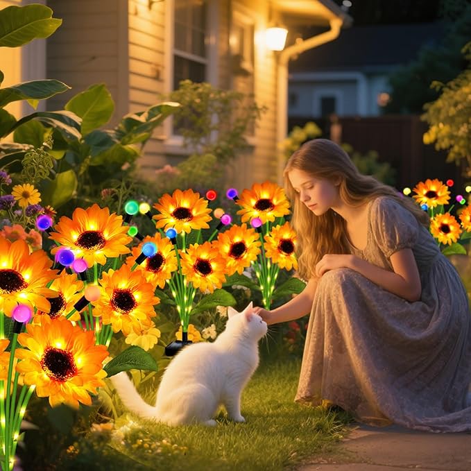Solar Garden Lights-6 Pack Solar Sunflowers with Multicolor Changing Swaying Firefly Lights, Birthday for Mom Women,Waterproof Firefly Sunflower Light for Outdoor Patio Yard Decor