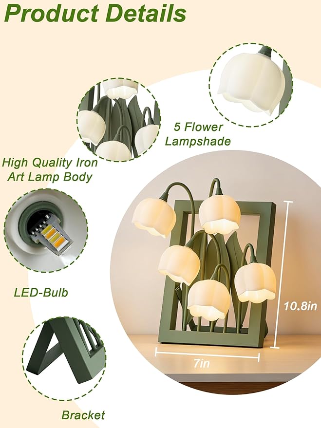 Flower Lamp,Bedside Vintage Table Lamps,5 Lily of The Valley Night Lights,3 Colors Modes Kawaii Bedside Lamp Decor,Cute Desk Lamp for Bedroom,Living Room,Office Home Decor(Green Picture Frame)