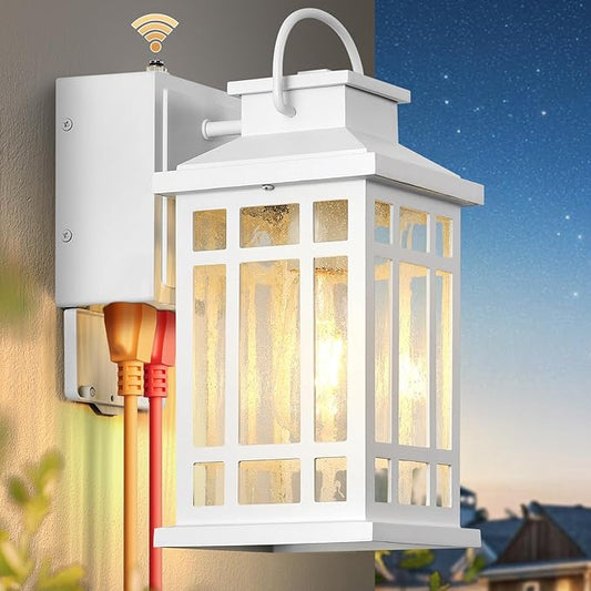 White Dusk to Dawn Outdoor Lighting with GFCI Outlet, Exterior Light Fixtures with Bubble Glass, Modern Outside Lights Wall Mount for House Patio Garage, Aluminum Waterproof Anti-Rust