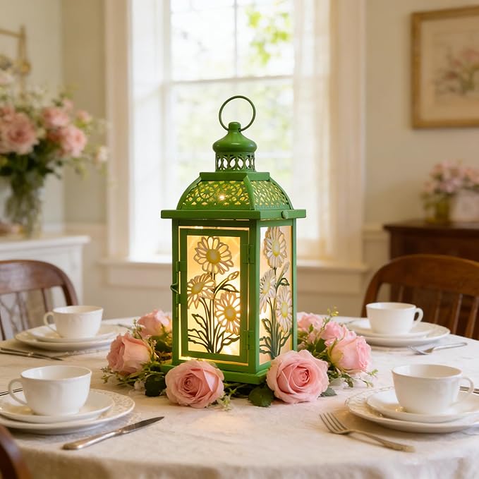 DECORKEY Spring Decorations for Home, 14.4" Decorative Daisy Green Lantern with 61" LED Lights(No Battery) for Home Indoor Outdoor Decor, Hanging Metal Candle Holders for Spring St.Patrick’s Day Gift