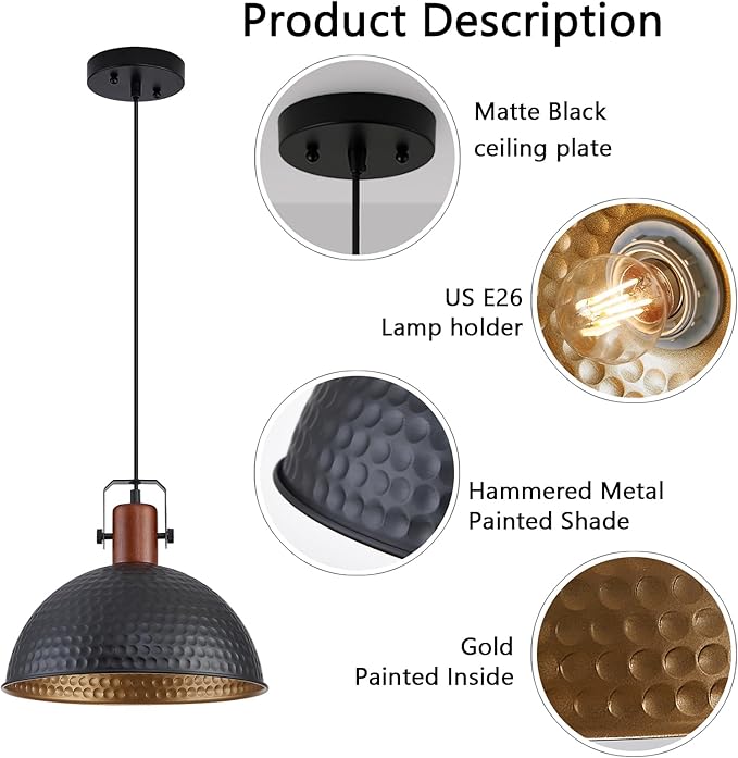 12 Inch Black Pendant Lights Hammered Matte Pendant Lights for Kitchen Island Industrial Farmhouse Adjustable Height Dome Hanging Light Fixtures for Barn, Dining Room 3 Packs