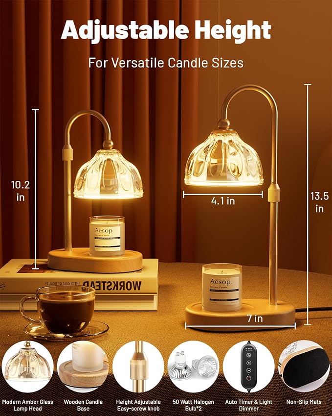 Candle Warmer Lamp, Wax Melt Warmer with Timer Dimmer, Height Adjustable, Amber Lampshade, Includes 2 Bulbs, Birthday Gifts for Women, Mom, Christmas, Housewarming
