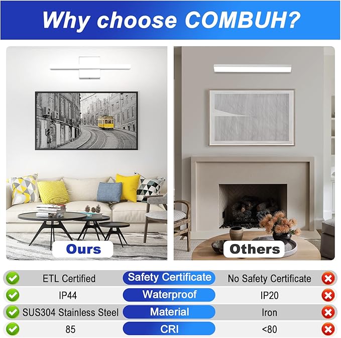 Combuh Modern Bathroom Light Fixtures Over Mirror, 16 Inch IP44 9W Chrome Vanity Light Bar for Bathroom, Wall Light Fixtures Cool White 6000K