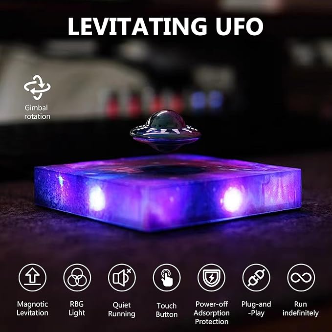 Levitating Floating UFO Lamp Lights, Magnetic Levitation Decor Display UFO, Unique Toy Gift for Desk,Room,Office, Rotating Illuminated UFO, RGB Galaxy Base, Touch Control