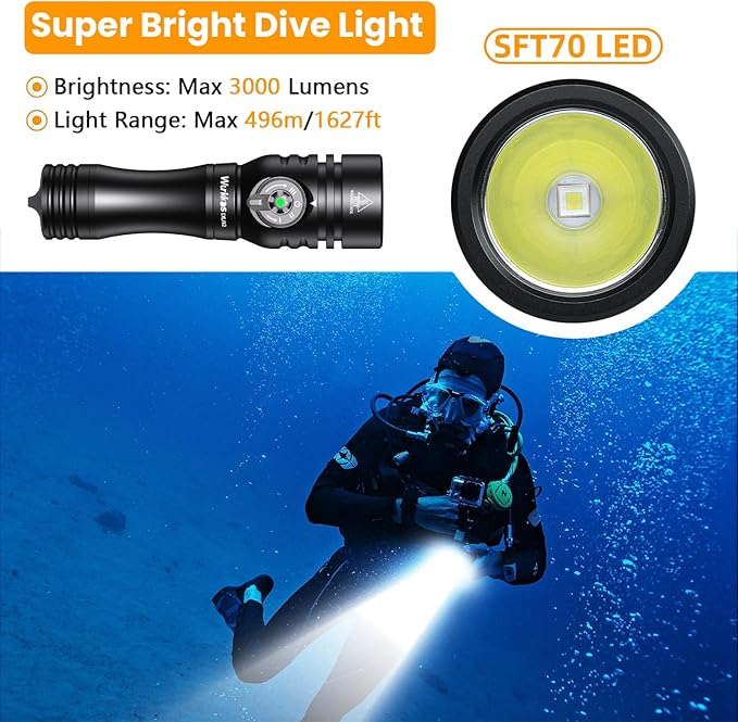 Wurkkos DL02 Scuba Diving Light,3000 Lumens 6500K Dive Light with Rotary Magnetic Switch,IPX8 Waterproof 496M Long Throw 100M Underwater 3 Lighting Modes Submersible Flashlight for Night Diving