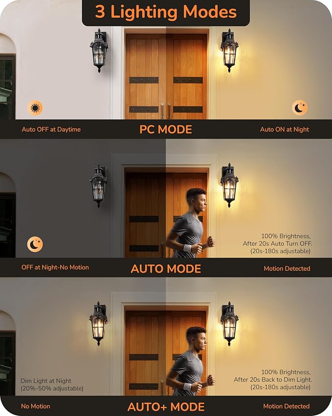 EDISHINE Motion Sensor Outdoor Lights, Porch Light with GFCI Outlet, Exterior Lighting Fixtures Dusk to Dawn Outside Wall Sconce with Water Ripple Glass, Wall Mount Lantern Lamp for House Garage