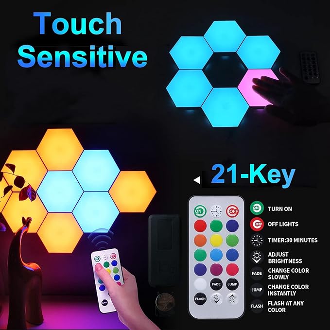 Hexagon LED Lights with Remote Control, Hexagon Wall Lights RGB Gaming LED Lights for Gaming Setup Touch Sensitive, DIY Geometry Modular LED Light Panels for Gaming Room Bedroom Streaming, 10 Pack