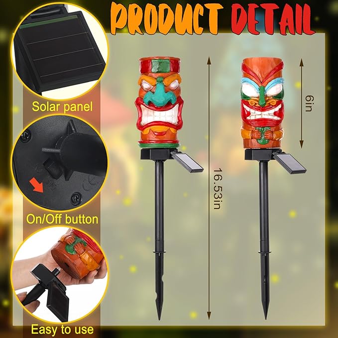 2 Pack Tiki Solar Lights 17 Inch Waterproof Outdoor Garden Decor Automatically Lighting Solar Statues for Yard Patio Balcony Lawn Tiki Bar Hawalian Luau Party