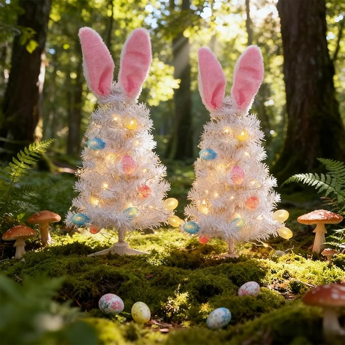 Dynaming 2 Pack Easter Table Decorations, 23 Inch Lighted Easter Bunny White Tree, Pre-lit Artificial Tabletop Tree with Ears & Eggs, Battery Operated Light Up for Indoor Spring Home Bedroom Decor