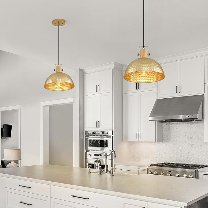 12 Inch Gold Pendant Lights Hammered Matte Pendant Lights for Kitchen Island Industrial Farmhouse Adjustable Height Dome Hanging Light Fixtures for Barn, Dining Room 2 Packs