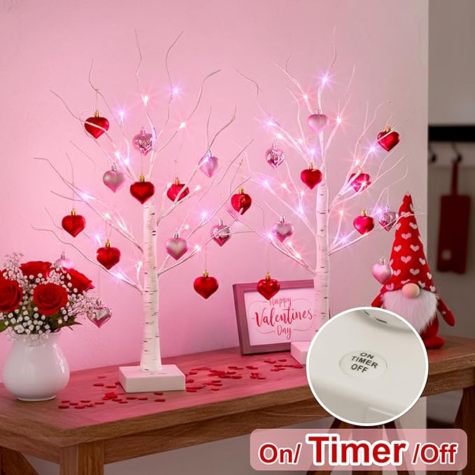 Valentines Day Decorations Birch Tree with Heart-Shaped Ornaments, Lighted Artificial Tree with 24 LED Pink&Red Lights, Light Up Tabletop Trees USB&Battery Operated for Home Indoor Table (2Pack 2Ft)