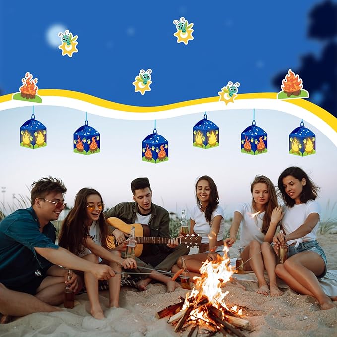 12 Sets Camp Crafts with LED Candles Lights Camping Campfire Vbs Tissue Paper Crafts Kits DIY Campfire Lantern Hanging Ornaments for Vbs Sunday School Party Activities
