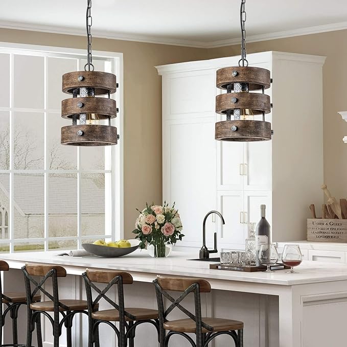 2pack Farmhouse Wood Pendant Lights Kitchen Island, Dining Room Lighting Fixtures Over Table Rustic Chandelier Height Adjustable Hallway Light for Foyer Living Room Bar Restaurant