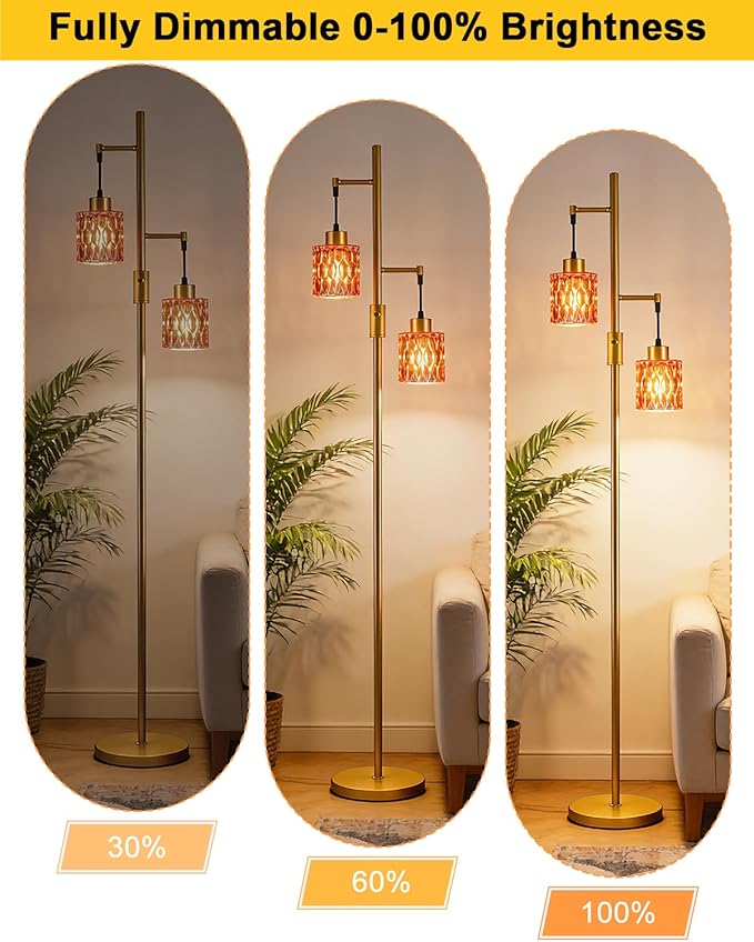 2-Light Gold Floor Lamp, 65IN Tall Standing Lamps Dimmable with Rose Red Glass Lampshade, 3000K Warmwhite Mid Century Modern Floor Lamp for Living Room/Bedroom