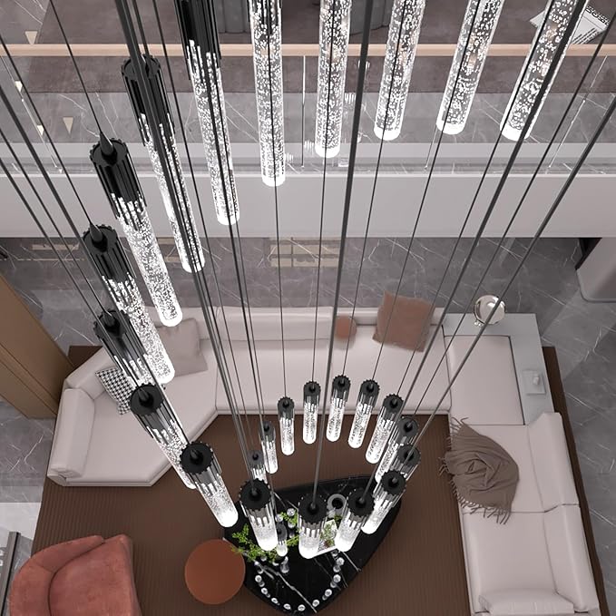 Flashing God Black 28 Lights Large Foyer Chandeliers for High Ceilings 12 feet Long Spiral Stair Pendant Chandelier Crystal Ceiling Light Fixtures Dimmable 2700k-4500k-6000k