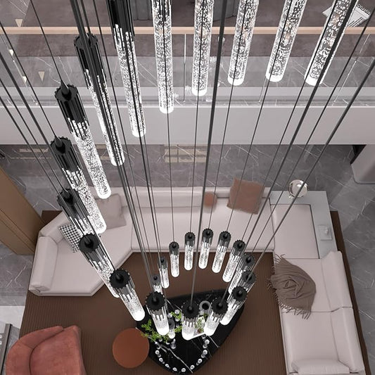 Flashing God Black 28 Lights Large Foyer Chandeliers for High Ceilings 12 feet Long Spiral Stair Pendant Chandelier Crystal Ceiling Light Fixtures Dimmable 2700k-4500k-6000k