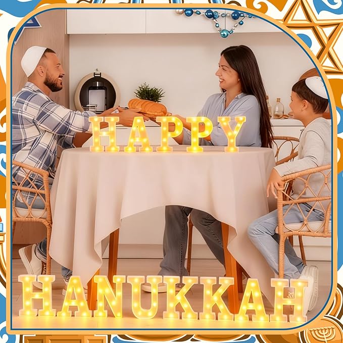 13 Pcs Happy Hanukkah Large LED Letter Sign LED Lights Battery Powered Jewish Table Decoration for Chanukah Party Jerusalem Party Decor