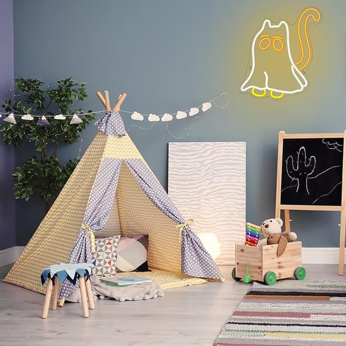 Cat Ghost Neon Sign Scary Ghost LED Neon Sign Dimmable Cat Mom Neon Light for Halloween Decor Animal Cat Ghost Neon Lights for Scary Bedroom Halloween Party