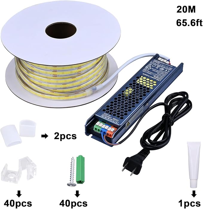 24V COB LED Strip Lights Outdoor Waterproof 65.6FT, 3000K Warm White Dimmable IP67 CRI 93 LED Rope Light with Power Supply for Bedroom Living Room Garden Commercial House