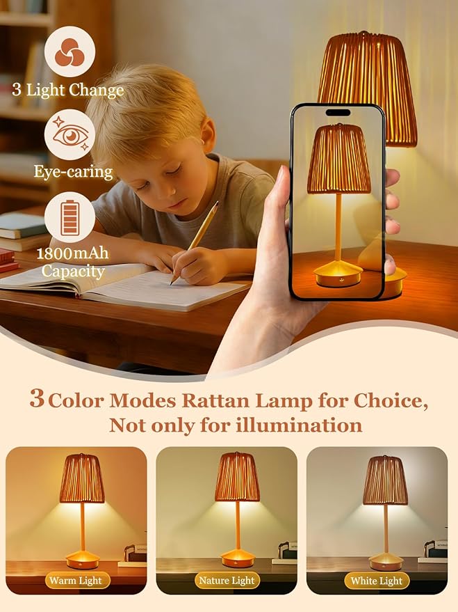 Boho Rattan Table Lamp, Cordless Wicker Woven Vintage Table Lamp - LED Rechargeable Touch Control 3 Color Dimmable Reading Bedside Lamp for Bedroom Living Room Office, Home Outdoor Decor (Brown-2)