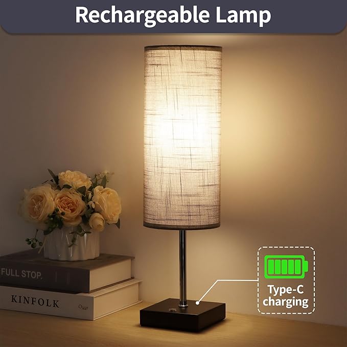 18Inch Cordless Lamp Table Lamps set of 2, 5000mAh Rechargeable Beside Table Lamp for Living Room, 2700K Battery Operated Small Bedroom Desk Lamp for Night Stand Grey Shade for Home（Bulb Included）