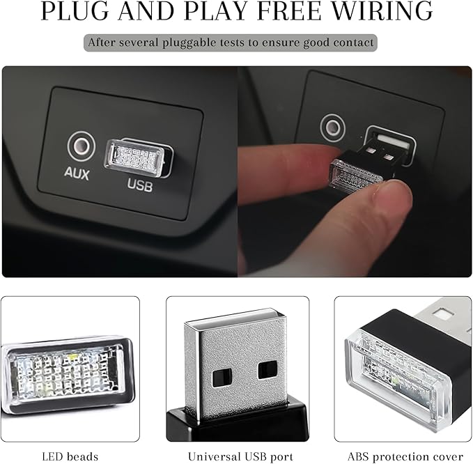 6 PCS USB LED Car Interior Atmosphere Lamp, Portable Mini Auto LED Decor Night Light, Plug-in USB Interface Ambient Lighting Kit, Universal Car Interior Accessories (6 Colors)