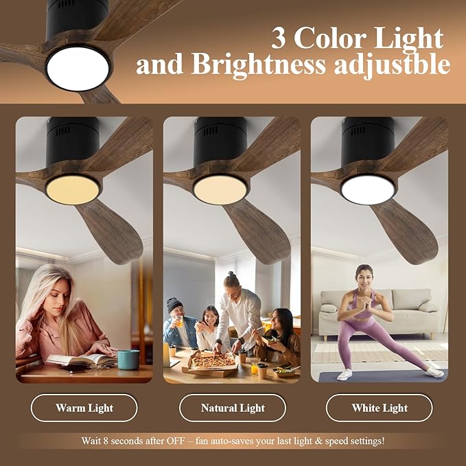 VACILL Wood Flush Mount Ceiling Fan with Light and Remote,52 inch Low Profile Ceiling Fan,Wooden Fan 3 Blades,6 Speed,LED Dimmable,DC Motor(Amber Wood)