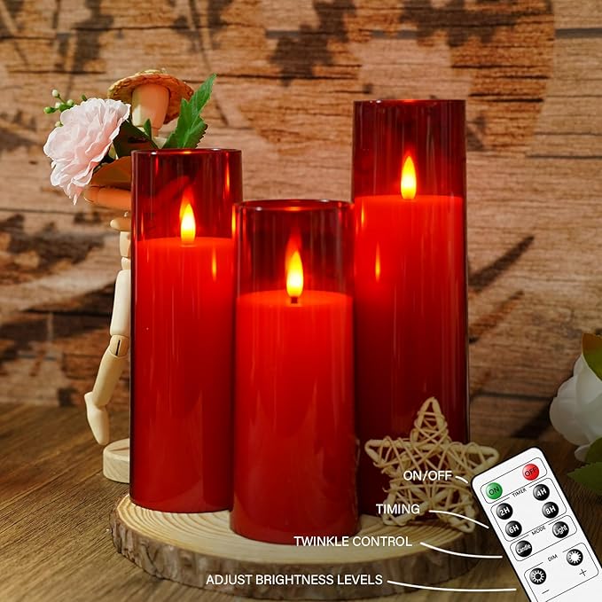 Flickering Flameless Candles Battery Operated with Remote and 2/4/6/8 H Timer Plexiglass Led Pillar Candles Pack of 9 (D2.3 xH5.5 6.5" 7.5") with Realistic 3D Wick Candles for Home Decor(Red)