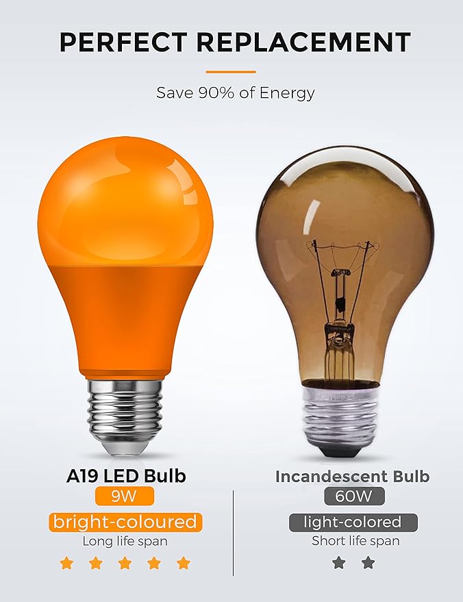 L LOHAS LED Halloween Orange LED Light Bulbs Outdoor, A19 9W(60W Equivalent) Orange Colored Light Bulb, E26 Base, Non-Dim, 4-Pack