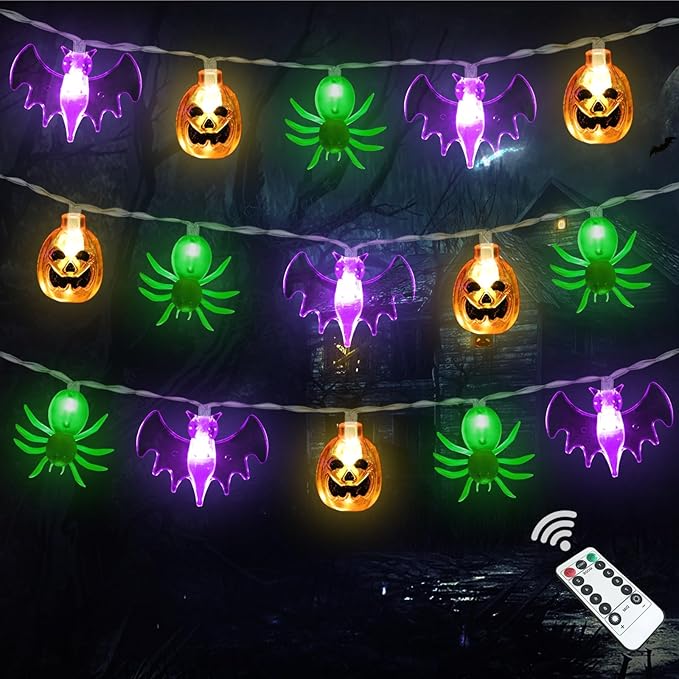 Halloween Lights Decor, 16 FT 30 LED 3D Pumpkin Bat Spider Battery Operated String Lights with Timer, 8 Lighting Modes Fairy Light for Home Door Porch Indoor Outdoor Halloween Party Decorations