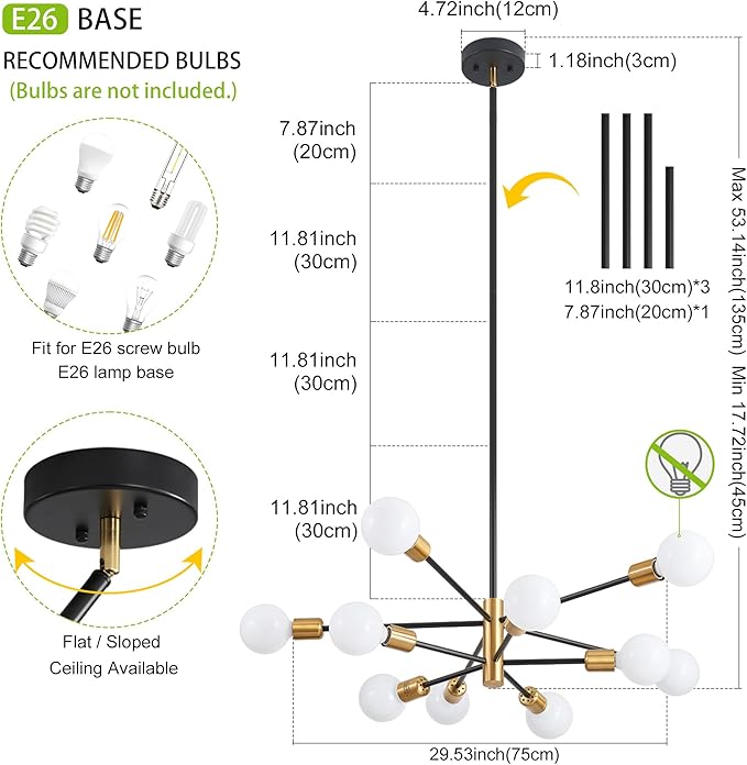 Sputnik Chandeliers Black and Gold Chandelier Modern Pendant Light Fixture Mid Century Industrial Ceiling Lighting 10 Lights for Dining Room, Kitchen, Bedroom, Living Room and Farmhoue