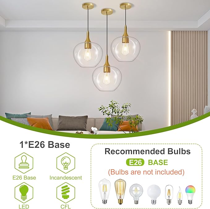 Glass Pendant Lights Kitchen Island, Brass Gold Pendant Lighting Fixtures, Modern Hanging Ceiling Light with 9.45'' Clear Glass Shade for Farmhouse Dining Room Bedroom Hallway(1 Pack)