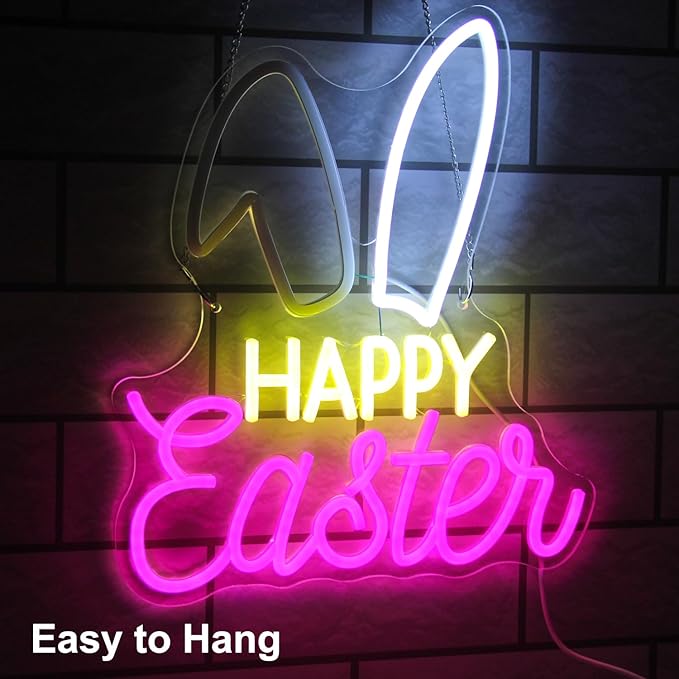 Happy Easter Neon Sign for Wall Dimmable Bunny LED Light Sign for Bedroom Kids Room Pink White Rabbit Decor Easter Lights for Holiday Party Supplies Cute Animal Night Light Gift 15" x 12.6"