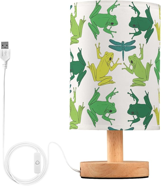 Frog and Dragonfly Pattern on White Table Lamp with Wood Base Fabric Lamp Shade Bedside Nightstand Desk Lamp for Living Room Bedroom Kids Room Office