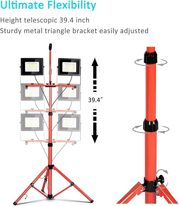 LEDMO 26000 Lumen LED Work Lights on Stand Tripod,200W Bright 2 Adjustable Head Work Floodlights with Individual Switch,IP65 Waterproof Outdoor & Indoor for Job Site Workshop Security Fixture