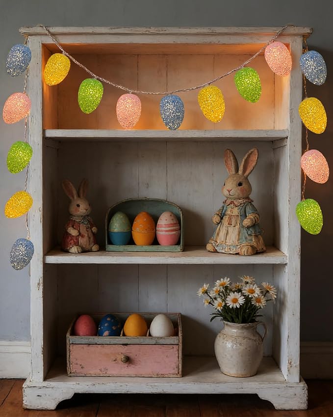 Easter Egg Lights Battery Operated 6.8Ft Easter Lights String 10 LED Egg Shaped Light with Timer, 8 Mode Pastel Decorations Light for Indoor Bedroom Home Party Fireplace Spring Themed Decor