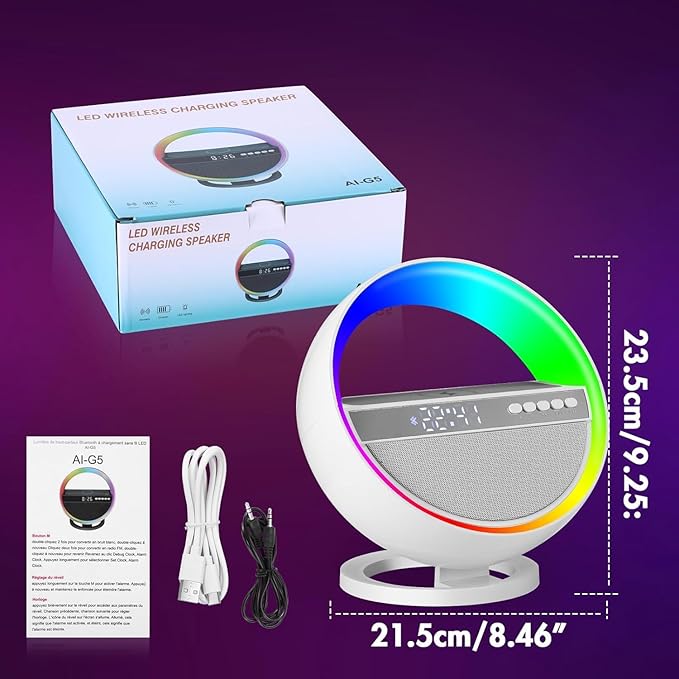 Mood Lamp with Up to 15W Wireless Charger, 6 in 1 Smart Alarm Clock, Bluetooth Speaker, LED Table Lamp with 12 RGB Colors, Bedside Nightstand Lamp, Modern Desk Lamp Gift - G5