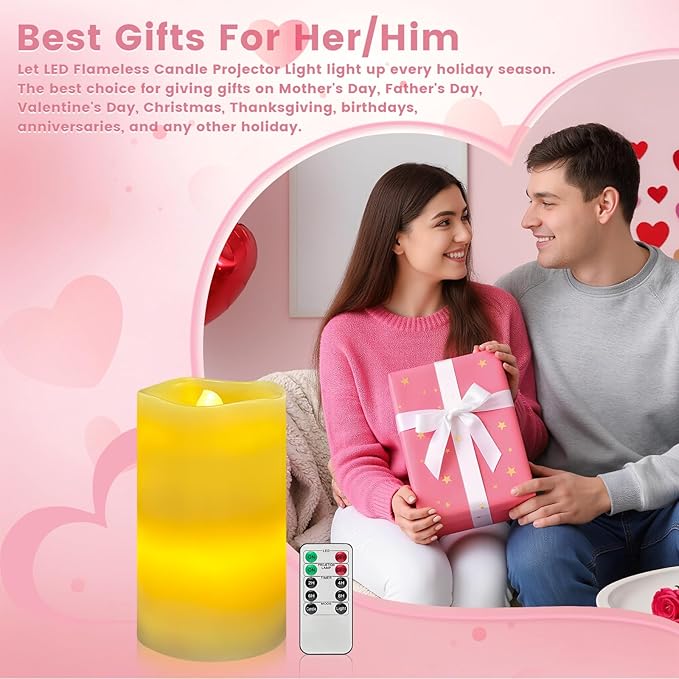 Flameless Candle Heart Projector Light,Valentines Day Decorations Candles Lamp with Romantic Heart Projector Lights, Battery Operated LED Candle with Remote&Timer for Girl Women Mom (Ivory - Heart)