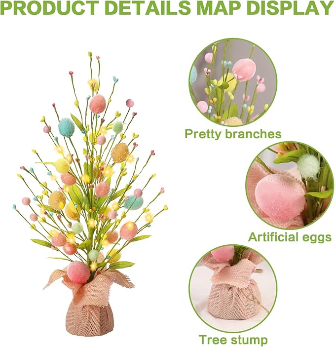 RoseCraft Easter Decorations, Artificial 18 Inch Pre-Lit Easter Egg Tree Tabletop Decor with Delicate Ornaments, for Home Party Wedding Holiday Spring Summer Decoration, Pink/Blue/Yellow.