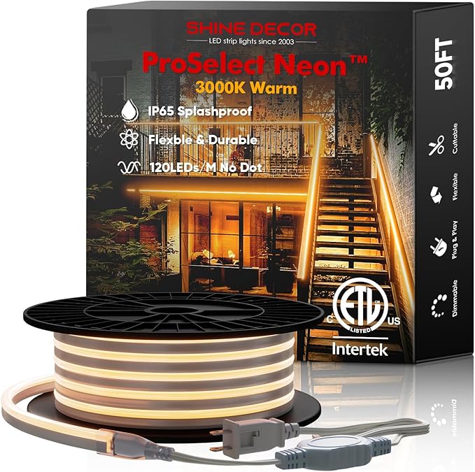 Shine Decor LED Neon Rope Lights AC 120V, ETL-Listed Flexible 120LEDs/M Dotless Strip Lighting, Custom Cuttable & IP65 Waterproof for Indoor Outdoor, 7x14.5mm, 3000K Warm White, 50FT