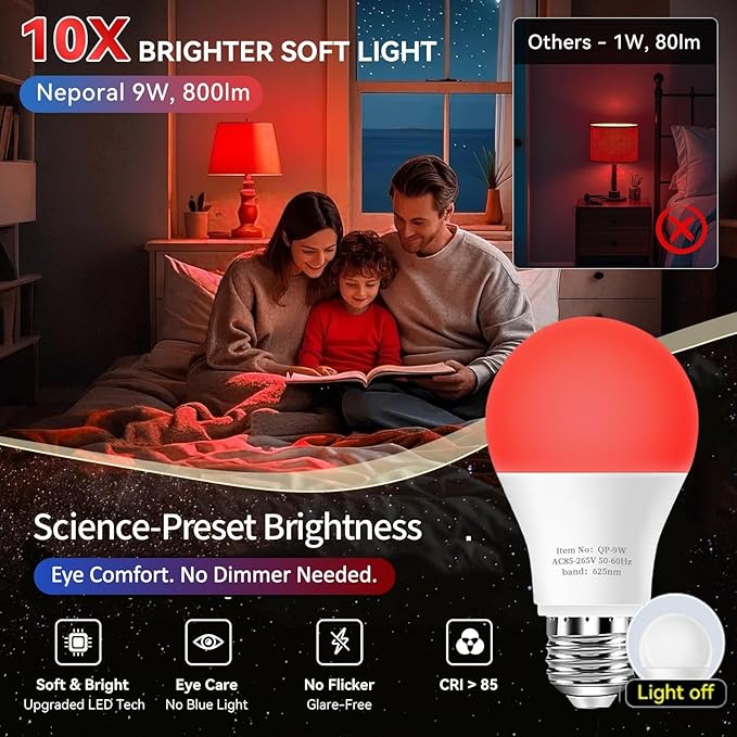 Neporal 625nm Red Light Bulbs for Sleep, 100% Blue Light Blocking Light Bulbs for Melatonin Promoting, A19 LED 9W 60W Equivalent Dim Red Night Light Bulb for Baby Nursery, Sleeping, Reading, 4-Pack