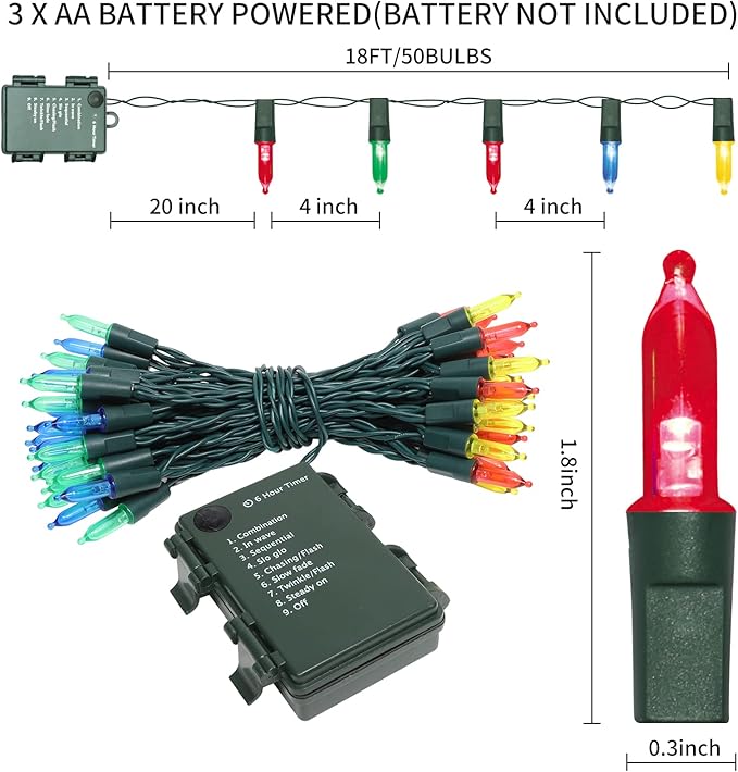 100LED Mini Lights,Green Wire,Waterproof Battery Case,Multi Functions,Timer,Multi（2 Sets - Each 50 Count LED）