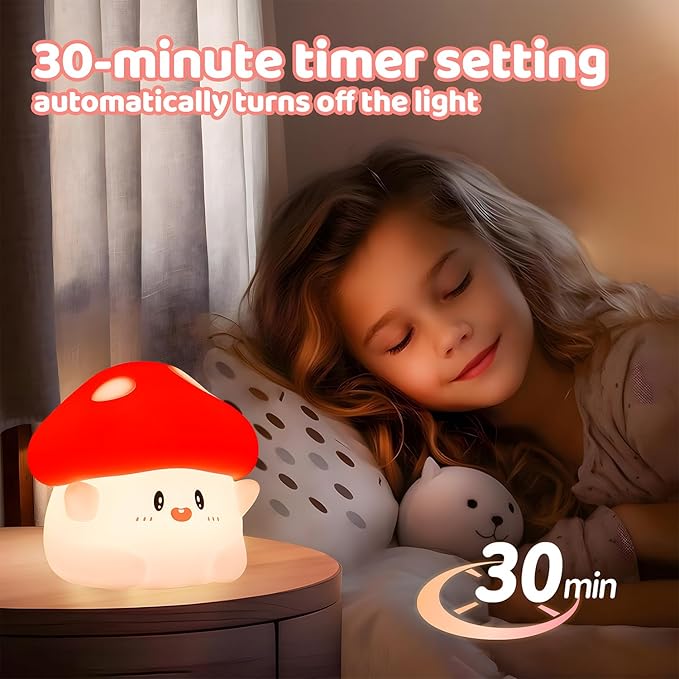 Mushroom Night Light, Squishy Silicone Lamp - Tap Control 2 Brightness, 50H Battery & Auto Timer, Cute Easter Gifts for Kids, Bedside Nursery Desk Mushroom Decor