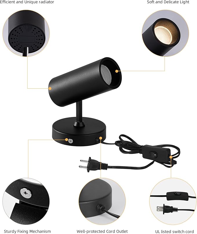 Aisilan LED Adjustable Wall Spotlight, 12W Plug-in Wall Sconce, Directional Uplight with On/Off Switch, Aluminum Spot Light Warm White 3000K COB CRI≥97, for Art Floor Ceiling Lighting, Black