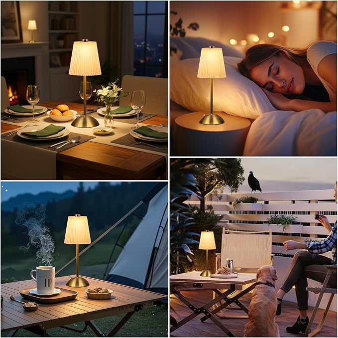 FRIDEKO HOME Rechargeable Table Lamp Gold - Cordless Battery Operated Lamp, Fabric Shade Desk Lamp, Wireless Lamp for Decor Bedroom Dining Table Counter (1pcs-Hard Fabric-LED-11.65in)