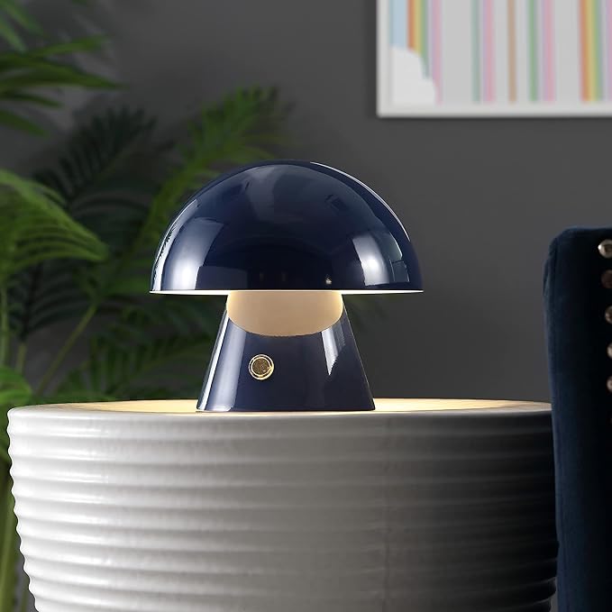 JONATHAN Y 7" Navy Rechargeable Cordless Mushroom Table Lamp, Portable LED Nightstand Lamp for Bedroom Living Room, Metal Shade, 3-Way Dimmable Touch Sensor Modern Accent (JYL7116E)